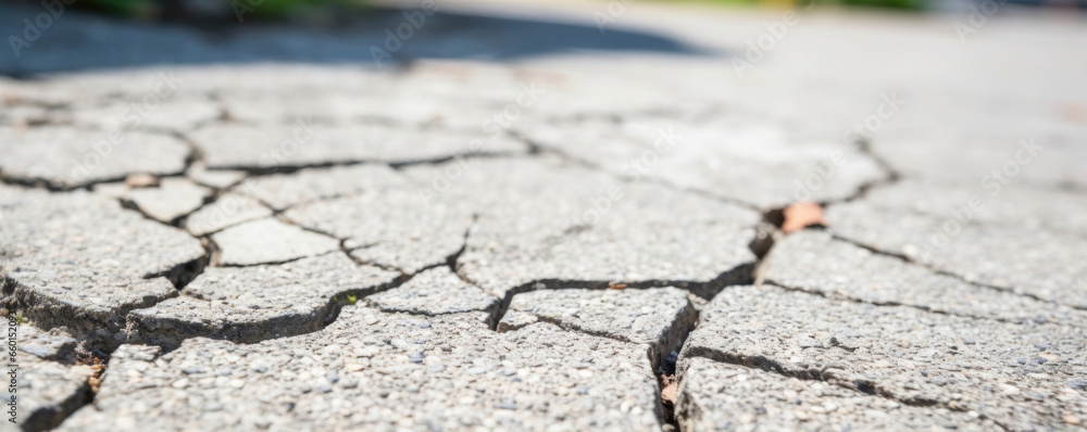 Poster closeup of a damaged sidewalk, with large cracks that have been filled with hardened patches of gum.