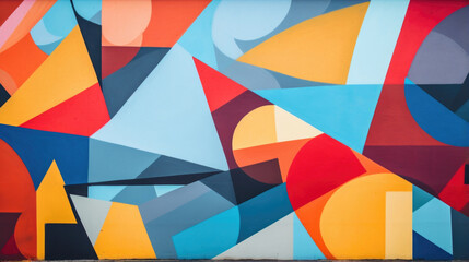 Closeup of a street art mural with a colorful, geometric texture. The artist used a variety of shapes and patterns to create a visually stunning and complex texture that draws the viewer - obrazy, fototapety, plakaty