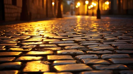 Foto op Plexiglas Closeup of a wellpreserved cobblestone alley, with smooth and polished stones reflecting the warm glow of street lights. © Justlight