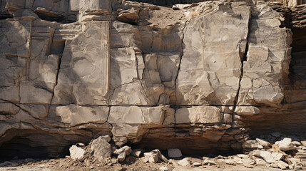 Closeup of a crumbling stone monument, showing the decay and erosion that has taken place over many years. The texture is rough and jagged, with chunks of stone missing and a dusty, aged