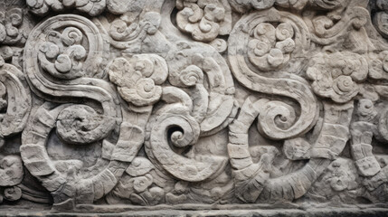 Texture of a weathered stone monument, covered in intricate carvings and patterns. The surface is worn and pitted, but the details of the carvings are still visible, giving a sense of the
