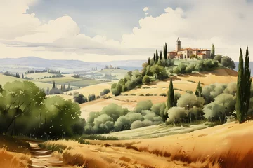 Rolgordijnen Painting watercolor of Tuscany, Italy landscape, Tuscany landscape with fields, meadows, cypress trees and houses on the hills, Italy landmark, Tuscany, Europe © MOUNSSIF