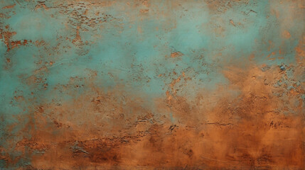 Closeup of a weathered copper texture, with small patches of bright turquoise contrasting against a mostly rusty red background. The surface has a matte finish, adding to its vintage aesthetic.