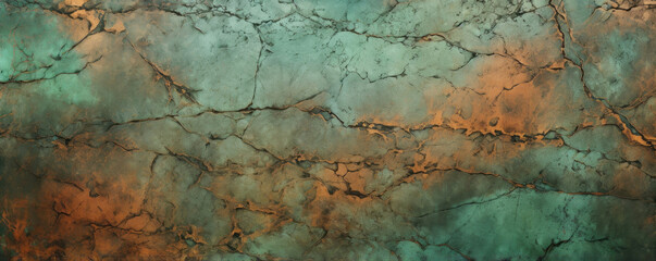 Closeup of a weathered copper texture, featuring an intricate network of cracks and grooves. The green patina has taken over the majority of the surface, giving it a unique mottled effect. - obrazy, fototapety, plakaty