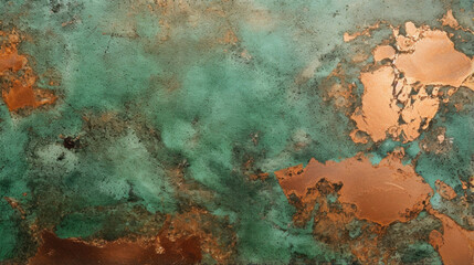 Closeup of speckled copper The patina on this copper is a spattering of dark and light green spots, creating a speckled effect reminiscent of a granite countertop.