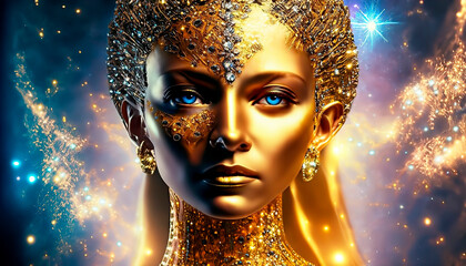 Face of a female model with bright golden makeup - obrazy, fototapety, plakaty