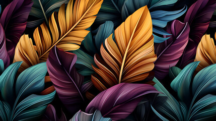 Tropical luxury exotic seamless pattern. Pastel colorful banana leaves, palm. Hand-drawn vintage 3D illustration. Dark glamorous background design. Good for wallpapers, tapestry,cloth, fabric printing - obrazy, fototapety, plakaty