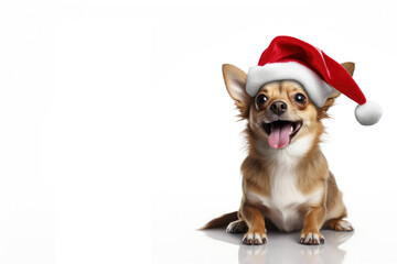 Cute cheerful purebred chihuahua dog in a Christmas Santa Claus hat on a white background with copy space. New Year postcard, background with pet. Merry Christmas. Banner, advertising, poster.
