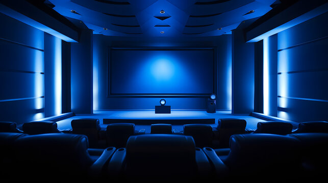 A modern minimalist private cinema room with a wall-sized screen sleek seating and blue LED lighting.