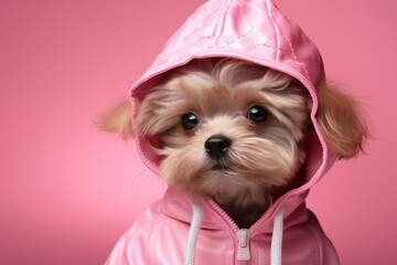 Cute fashionable Yorkshire Terrier dog dressed in pink jacket with hood close up. Purebred dog. Stylish pet. Puppy in pink clothes. On soft pink background. Dog clothing store. Poster, banner, placard