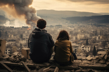 Horrible war scene. Sad tired homeless people with sitting and looking to destroyed city after bombing, terrorist attack. View of a destroyed burning city, the ruins of blown-up houses - obrazy, fototapety, plakaty