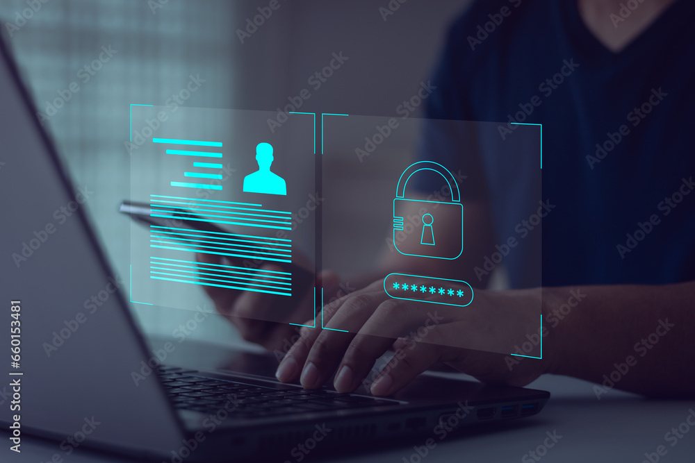 Poster cyber security, digital crime concept, protect breach personal information privacy, password fraud, 