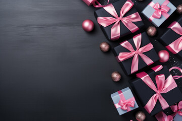 Dark background with pink christmas gifts and decorations with space for greeting text