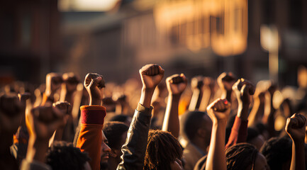 Multi ethnic people raising their fists up in the air - obrazy, fototapety, plakaty