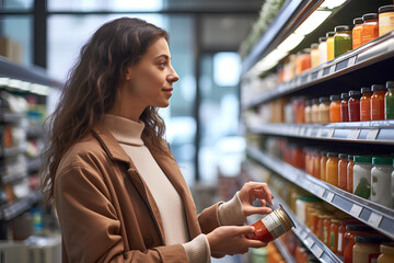 A woman comparing products in a grocery store, considering nutrition, prices, and ingredients, demonstrating informed consumer behavior