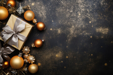 Fototapeta premium Dark background with golden christmas gifts and decorations with space for greeting text