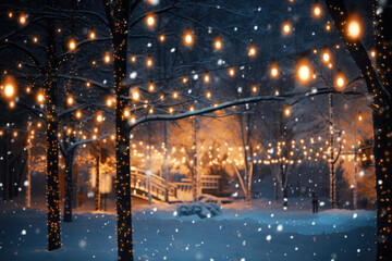 Christmas warm lights in the night snowy park