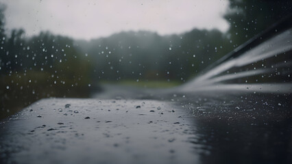 Raindrops on the car windshield. Rainy weather. Selective focus.