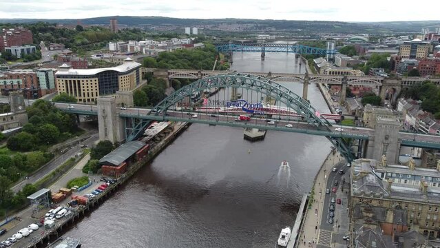 Aerial view of the Tyne Bridge in Newcastle upon Tyne, United Kingdom.