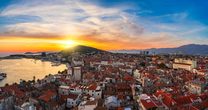 Aerial view of Split old town at sunset, Dalmatia, Croatia