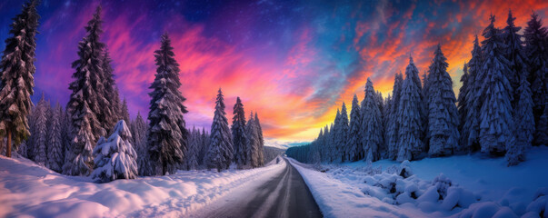 Road leading towards colorful sunrise with snow covered trees - obrazy, fototapety, plakaty