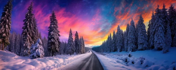  Road leading towards colorful sunrise with snow covered trees © thejokercze