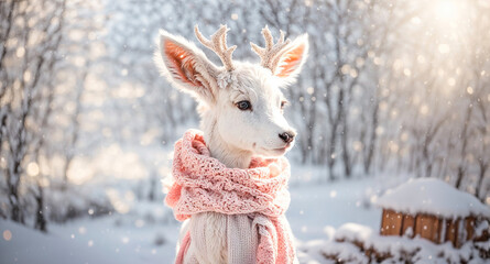 Cute cartoon deer in a scarf in the snow