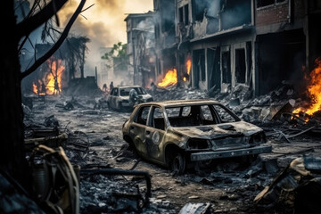 Horrible war scene. Destroyed city with houses ruins, trash and burned cars. Buildings ruins due to...