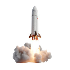 Space rocket launch and flie, isolated on clear PNG background. Transport for space and universe exploration. Successful start concept. 3d rocket