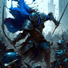 a large knight with blue skin and black armour fights his way through a regiment of common spearmen mass battle scene high fantasy detailed fight scene Bayard Wu 