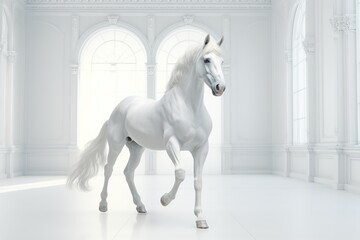 Obraz na płótnie Canvas White horse in a white room with a large window. 3d rendering, Ai Generated
