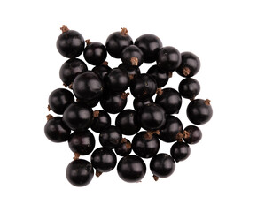 heap of black currant berries isolated on white background with clipping path, top view