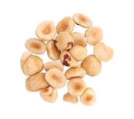 heap of roasted peeled hazelnuts isolated on white background with clipping path, top view, concept of healthy breakfast, vegan food