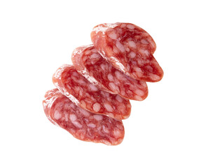 slices of salami isolated on white background with clipping path, concept of tasty food with salami sausage