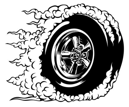 recommend clip art: Black and white logo car wheel in smoke clipart. Tire smoke can be seen around the wheel of a black car. Drag racing concept.