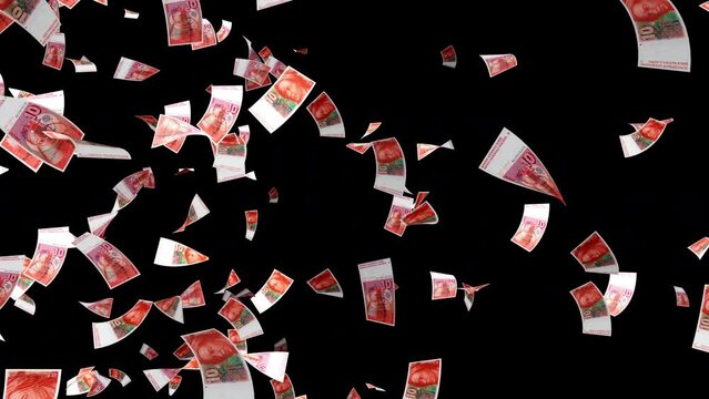 Swiss franc money banknotes falling. CHF paper money. 3D render. Vertical video
