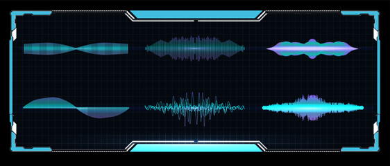 Sound waves frequency, audio music digital equalizer. Analog and digital audio signal. High frequency radio wave. Signs of the sound equalizer, pulse music player. Vector illustration - obrazy, fototapety, plakaty