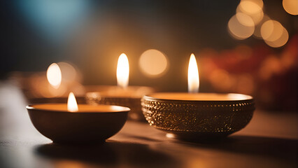 Obraz na płótnie Canvas Happy Diwali Clay Diya lamps lit during Diwali celebration.
