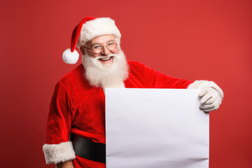 Naklejka premium Smiling Santa Claus pointing on blank advertisement banner