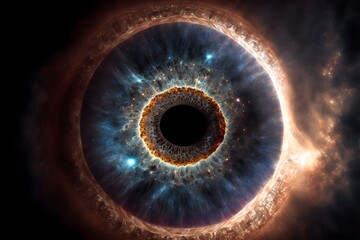 human eye cornea close up space astral sci fi centered stars galaxy nebula universe highly detailed scientific photo sense of awe wormhole  - obrazy, fototapety, plakaty