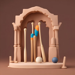 Abstract 3d rendering of a podium with wooden toys on a brown background