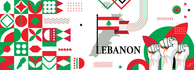 Map and flag of Lebanon national or independance day banner with raised hands or fists., flag colors theme background and geometric abstract retro modern colorfull design