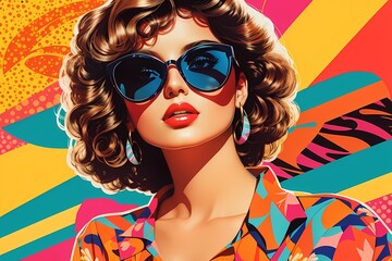 Pop Art Fashion Fusion: Sunglass-Clad Model in Vibrant 80s Collage