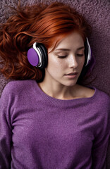 redheaded girl listening and enjoying the music with her eyes closed