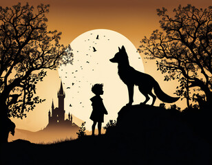 Magical Silhouette Adventure: Little Kid and Fox in the Night Sky