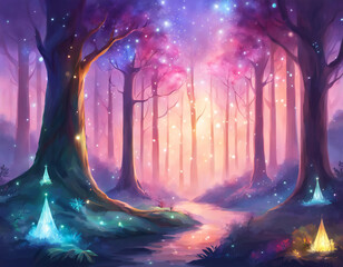 Magical and Dreamy Vibrant Forest Illuminated by Enchanting Lights in a Surreal Wonderland