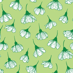 White flowers falling flowers on green background seamless vector pattern. Cute floral print
