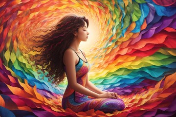  Relaxed Girl Practicing Yoga in a Colorful Setting with Colorful Attire