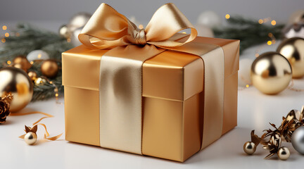 Beautiful cube gift wrapped in xmas paper with golden ruban and bow, white background