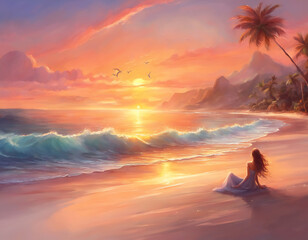 Beautiful Women Enjoying Sunset on Dreamy Beach. Freedom and Relaxation Concept